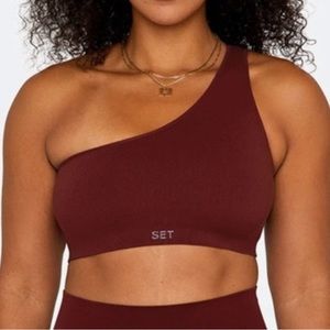 SET Active red maroon one shoulder sports bra ribbed seamless sculptflex